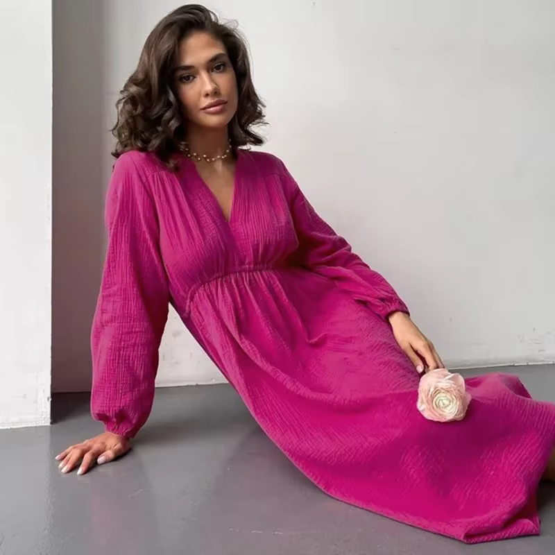 Robes élégantes en mousseline de coton pour femmes, manches longues, col en V, décontracté, fête, va
