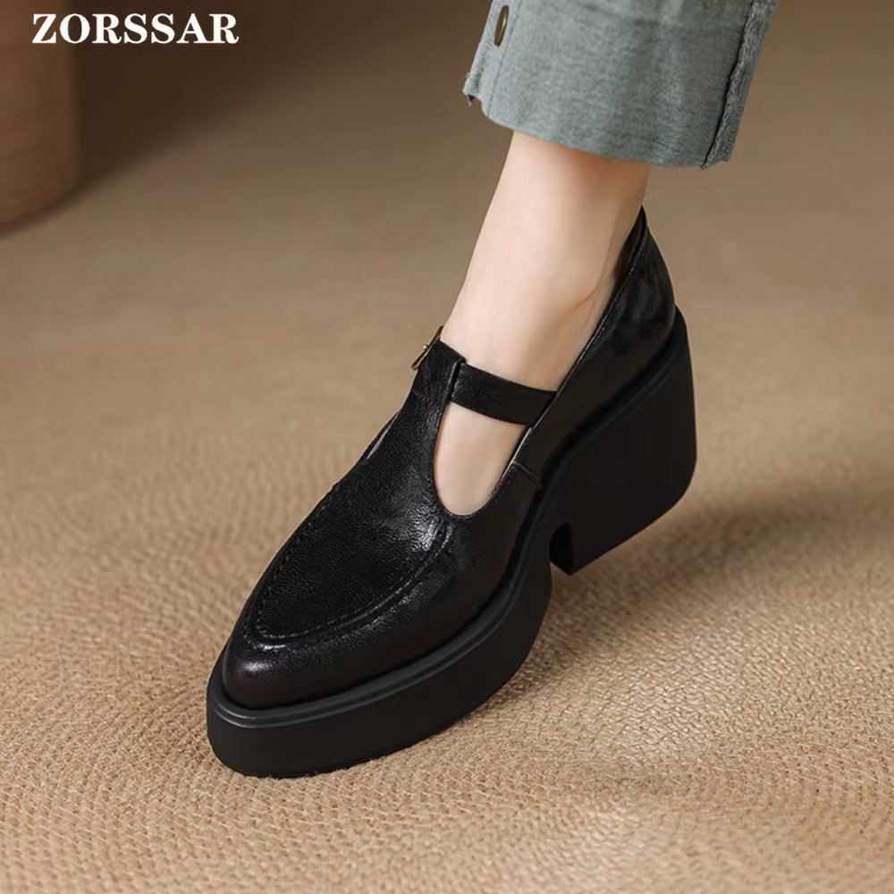 Escarpins à talons hauts et plateforme épaisse pour femmes, chaussures en cuir véritable à bout poin