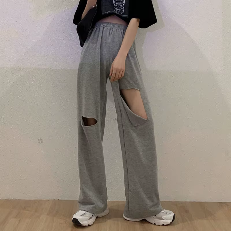 Pantalon Harajuku à jambes larges ajouré pour femmes, jogging, troué, Streetwear Chic, pantalon droi