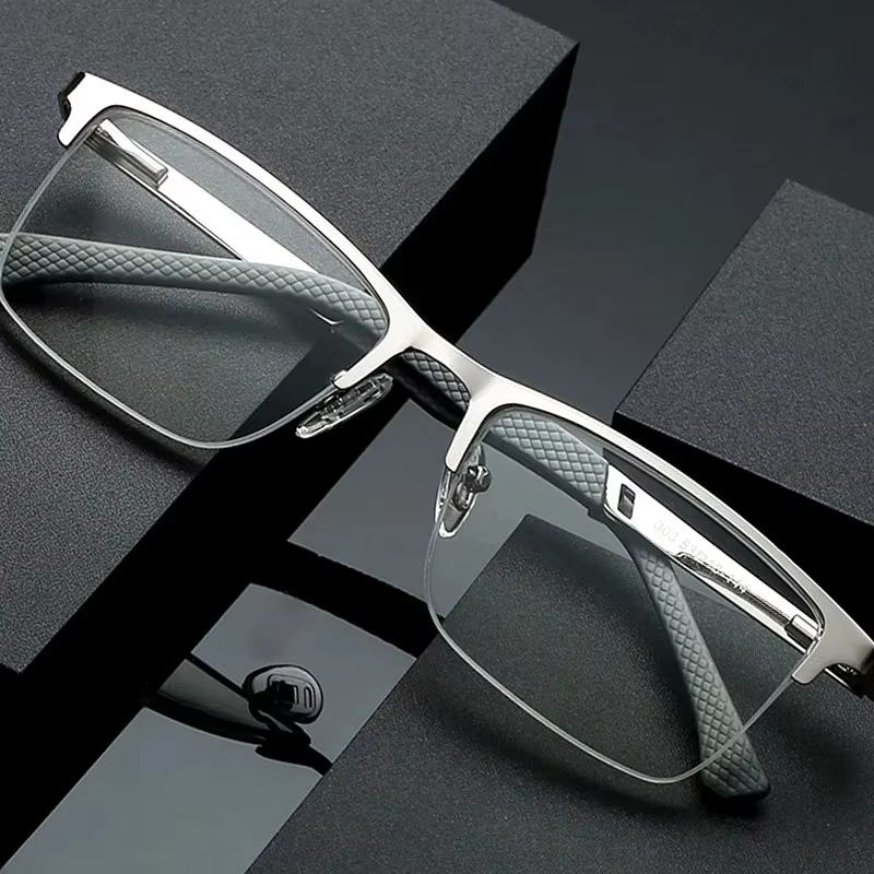Lunettes de lecture demi-monture en métal pour hommes, monture de lunettes bloquant la lumière bleue