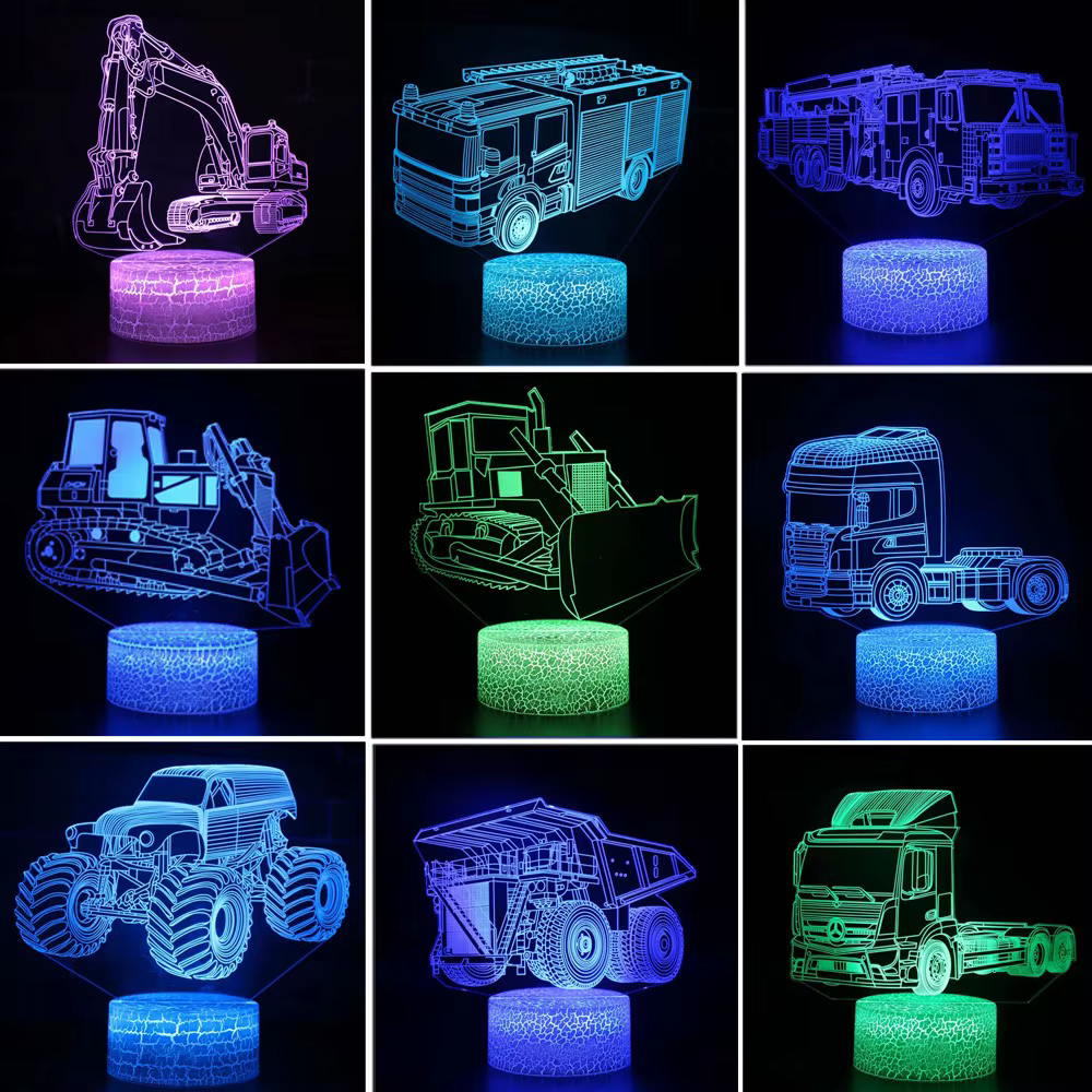 Voiture, camion, tracteur, pelle 3D veilleuse LED tactile Illusion lampe de Table bébé chambre décor