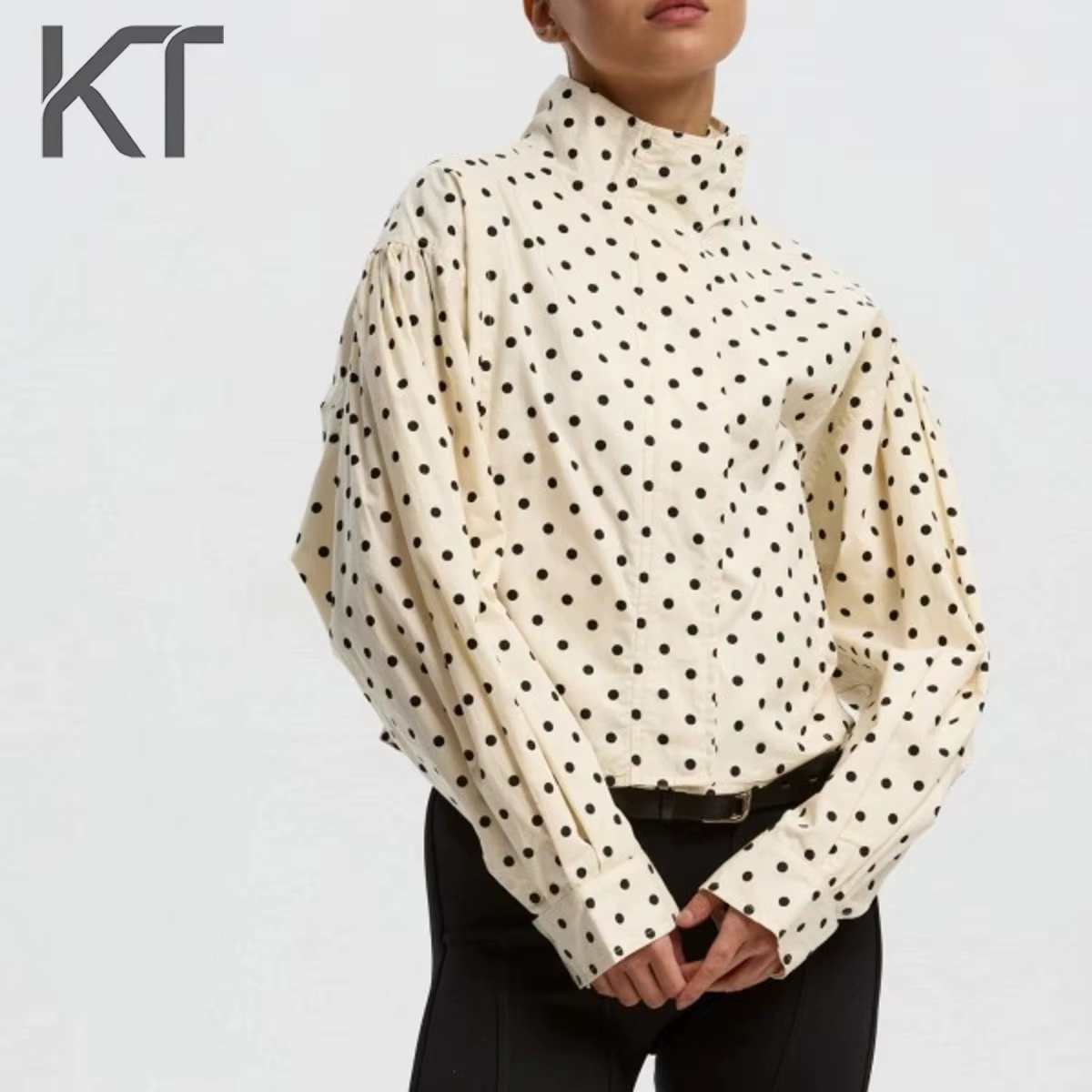 Veste bomber élégante vintage à pois surdimensionnée pour femmes, manches bouffantes, fermeture écla