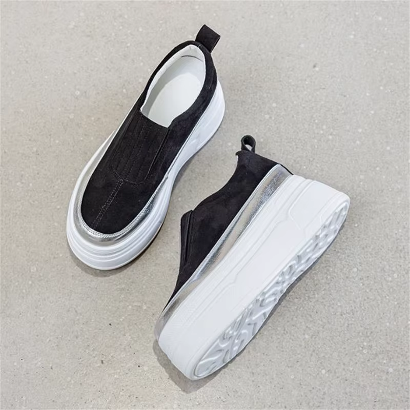 Chaussures à semelles compensées en cuir véritable, baskets épaisses à tête ronde de couleur unie, m
