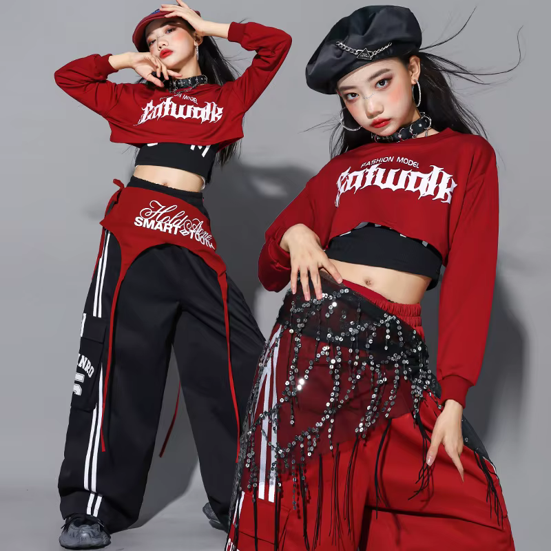 Ensemble de vêtements pour filles Hip Hop, sweat-shirt court à nœud rouge, pantalon cargo, costume d