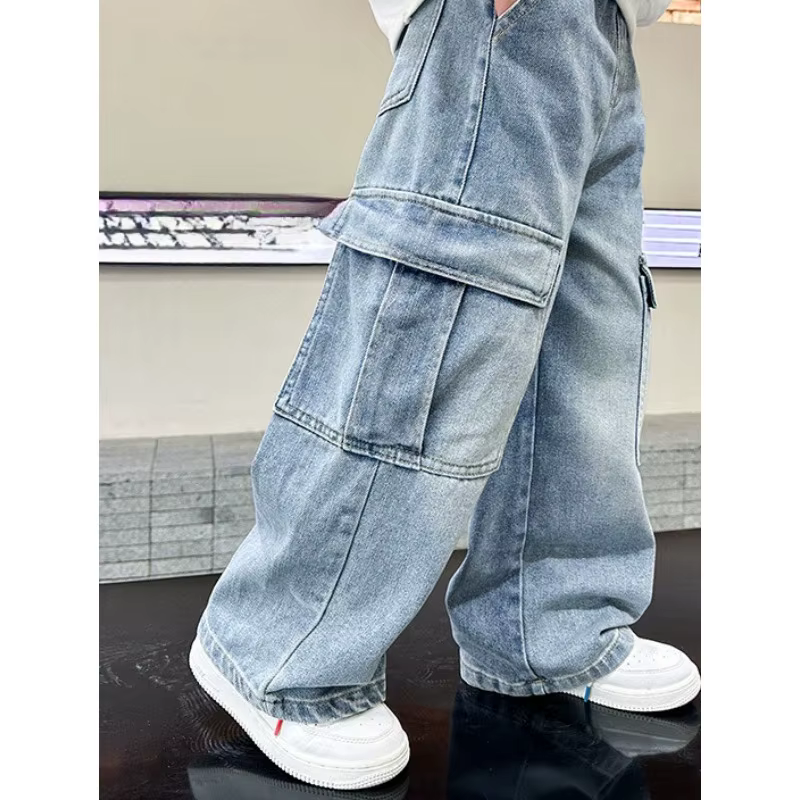 Pantalons cargo en denim pour garçons, mode printemps-automne, jeans décontractés pour enfants et ad
