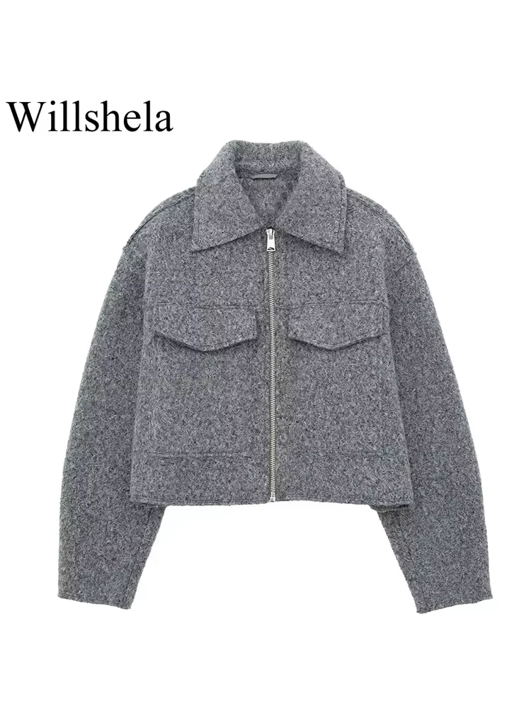 Willshela femmes mode avec poches gris avant vestes à glissière Vintage revers cou manches longues f