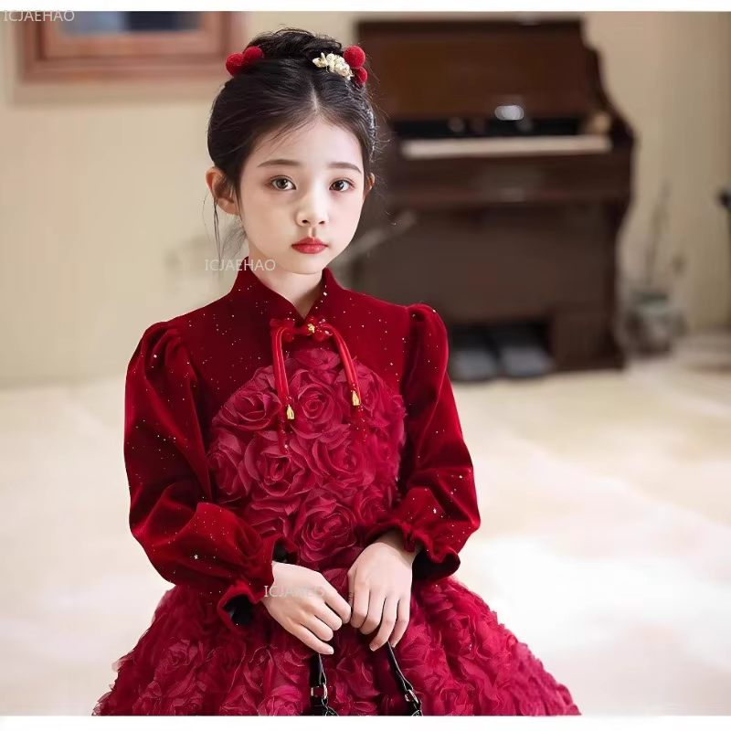 Robe de soirée formelle vintage bordeaux à manches longues pour filles, robe de princesse florale po