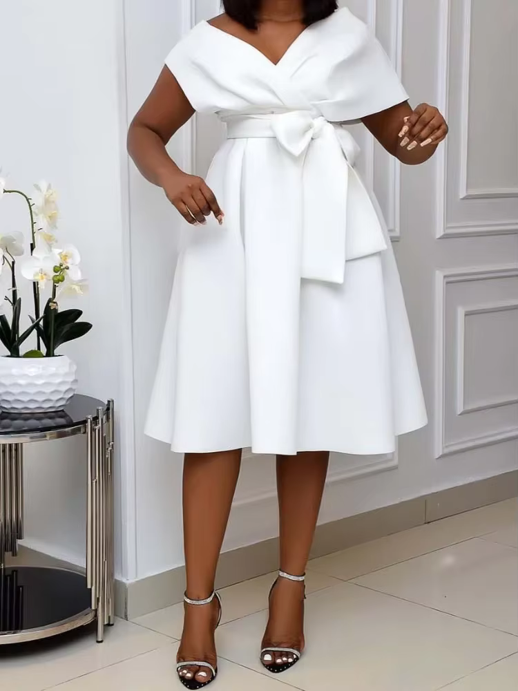 Robe de soirée élégante pour femme, col en V, manches courtes, épaules dénudées, à lacets, nœud, tai