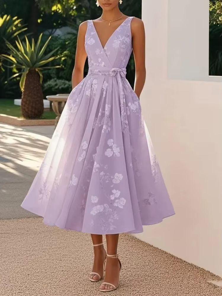 Robe longue élégante imprimée à col en V, sans manches, en maille, avec nœud à la taille, pour femme