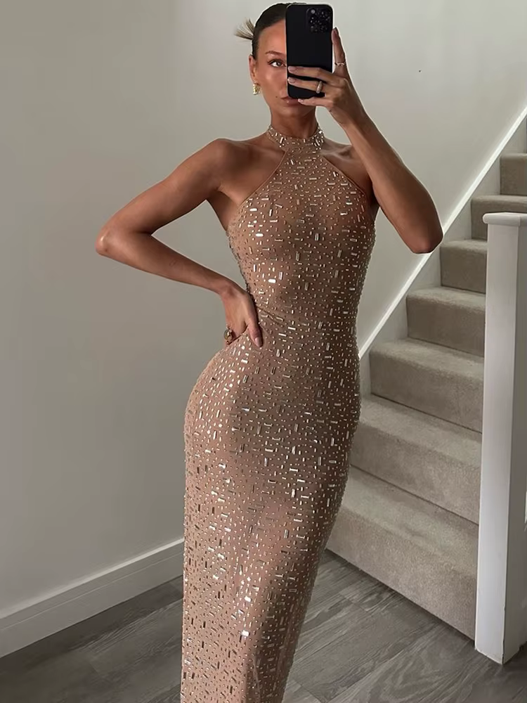 Robe de soirée sexy Kliou pour femme, décoration en faux diamants, col rond, épaules dénudées, taill
