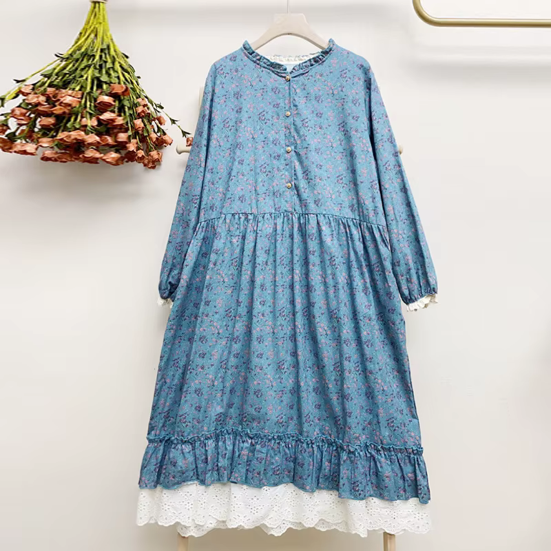 JohmobJapanese-Robe vintage en coton et lin pour femme, imprimé patchwork, en dentelle, avec poches,