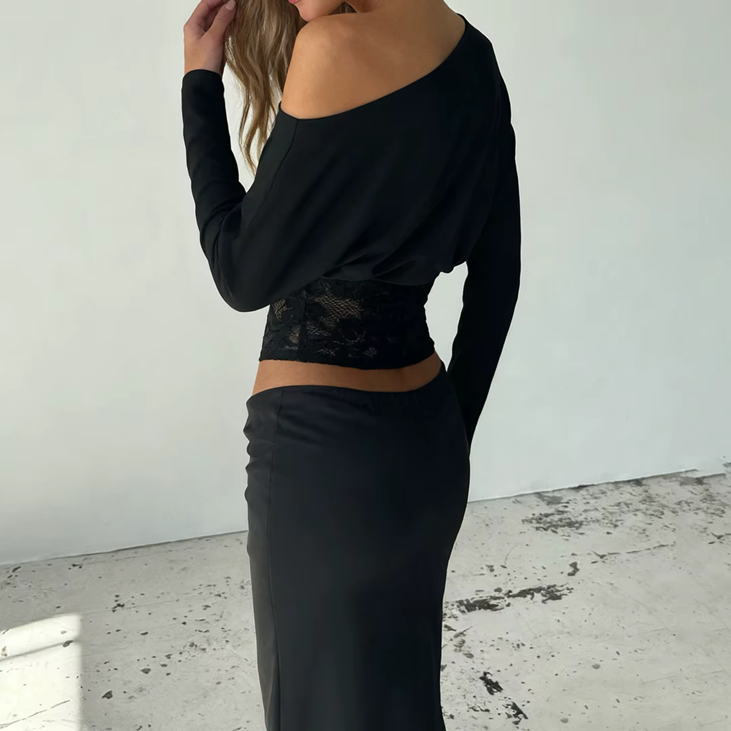 SUCHCUTE élégant épaules dénudées dentelle garnie taille défini haut rétro Streetwear solide à manch
