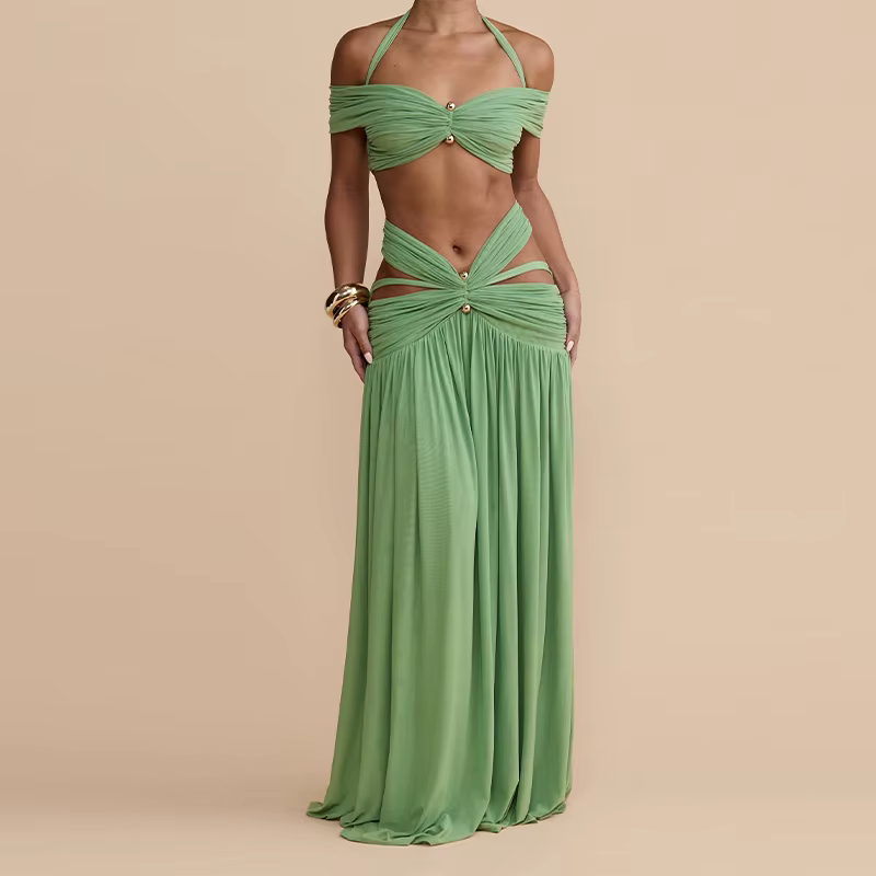 Ensemble deux pièces élégant à sequins floraux pour femme : haut court asymétrique à une épaule + mi