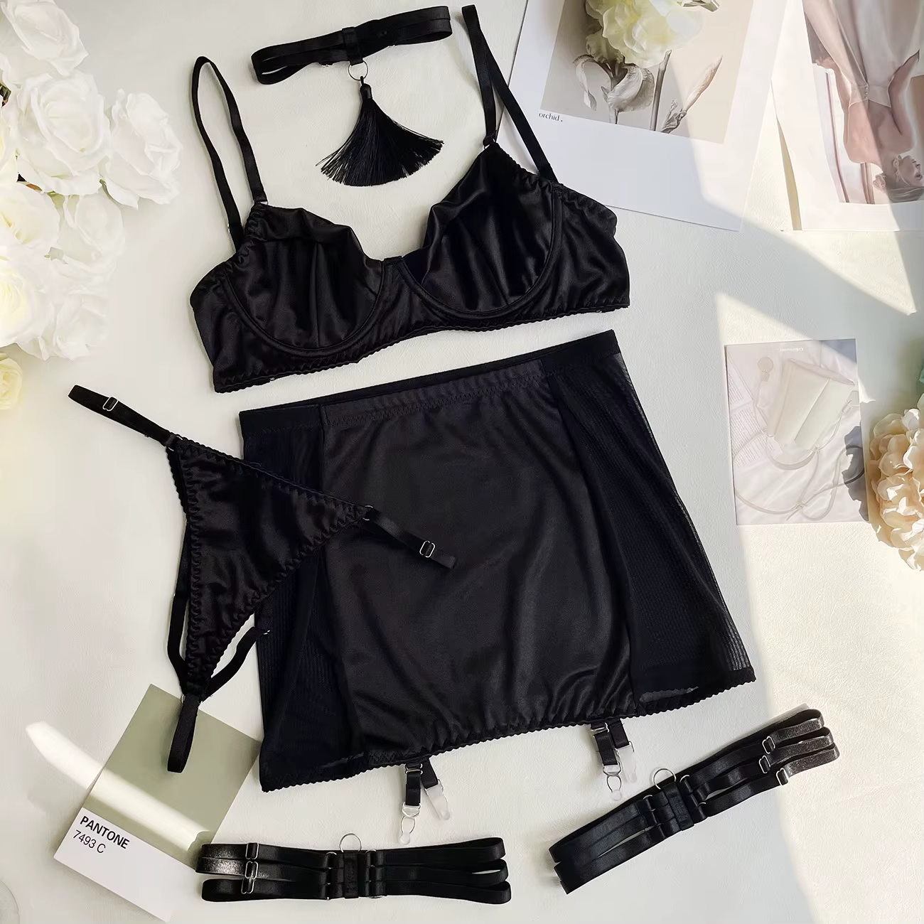 Ellolace – Lingerie en Satin fin, sous-vêtements Sexy en dentelle, 5 pièces, Sissy, sans couture, ju