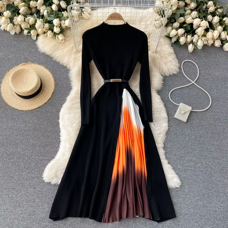 BanFrederder-Robe plissée imprimée rétro pour femmes, robe midi élégante, patchwork nickel é avec ce