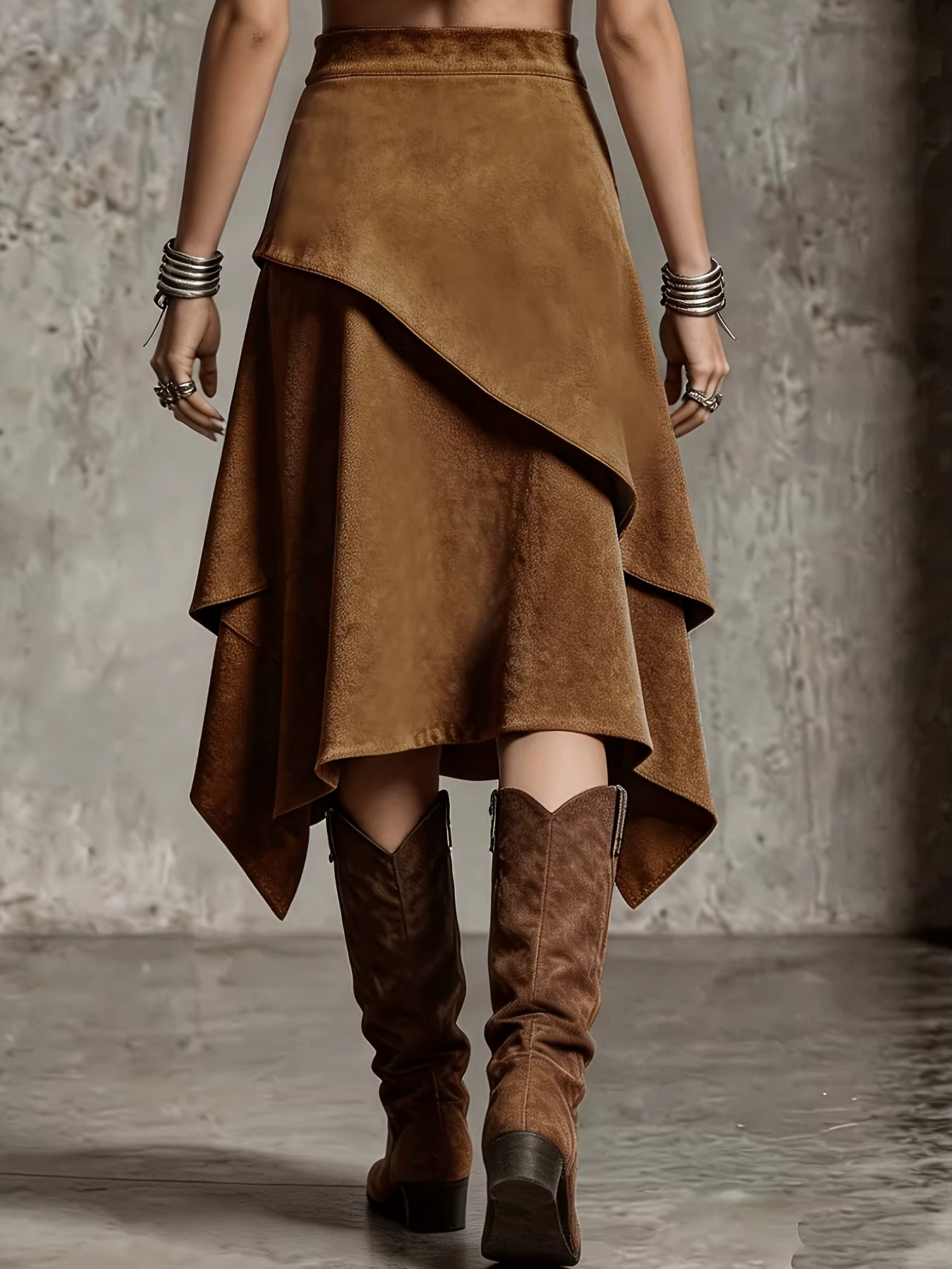 Jupe mi-longue en daim de couleur unie, design irrégulier de style western vintage