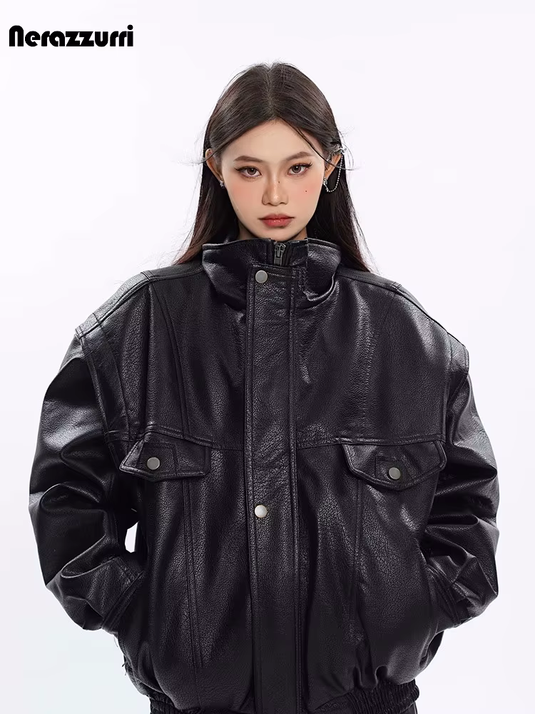 Nerazzurri – veste en cuir Pu noir pour femme, vêtement surdimensionné, coupe-vent, épais, fermeture