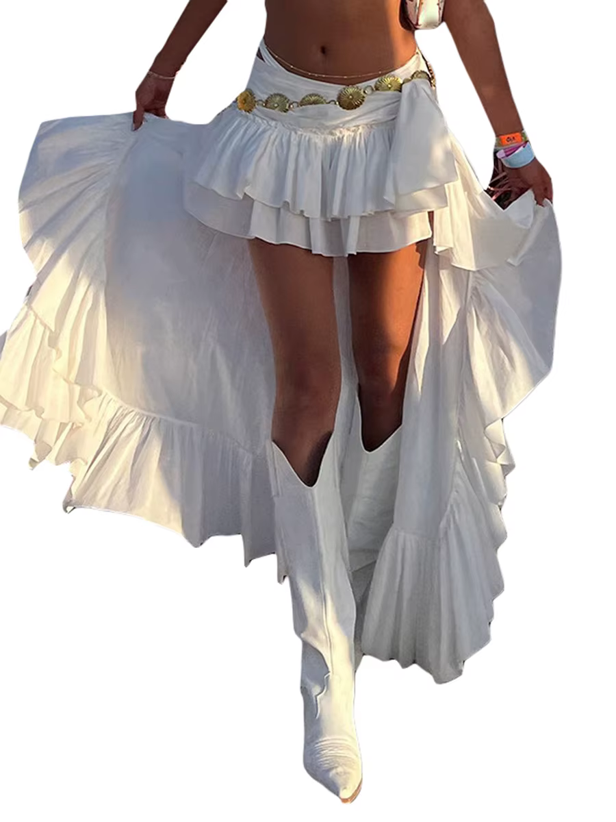 Jupe fluide à volants irréguliers pour femmes, bande élastique, taille fluide, jupe midi blanche, st
