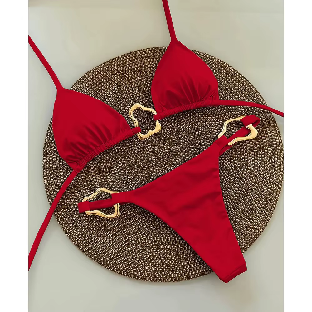 Nouveau Bikini Sexy couleur unie à lacets fendu maillot de bain deux pièces pour les femmes