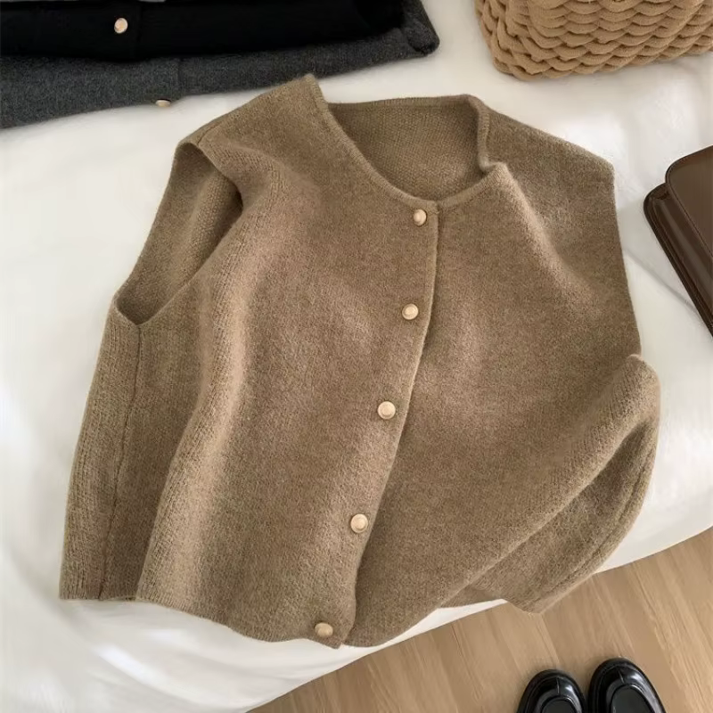 Cardigan coréen à col ras du cou pour femmes, boutons solides, manches courtes, manteaux, pull trico