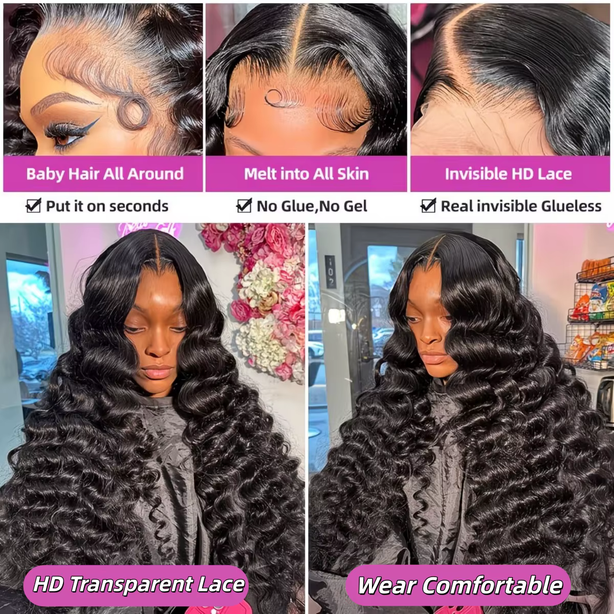 Perruque Deep Wave en cheveux humains, dentelle HD 13x6, bouclée birmane, pré-épilée, sans colle, po