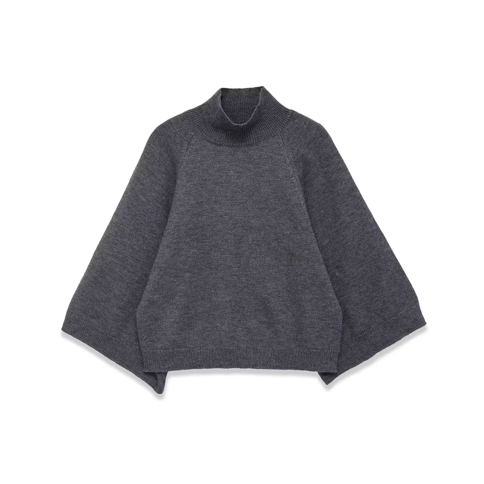Pull en tricot bleu à manches larges pour femme, pull court à col haut, printemps 2025