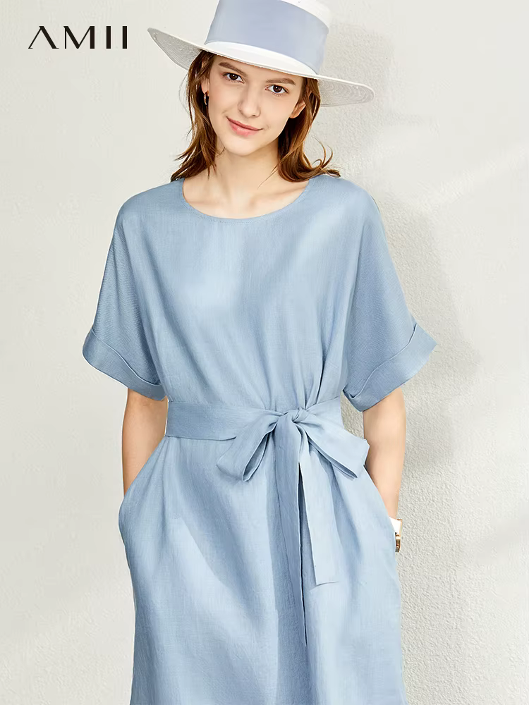 AMII-Robe minimaliste à col rond pour femmes, Niche de lin, Tempérament artistique, Robe éducative,