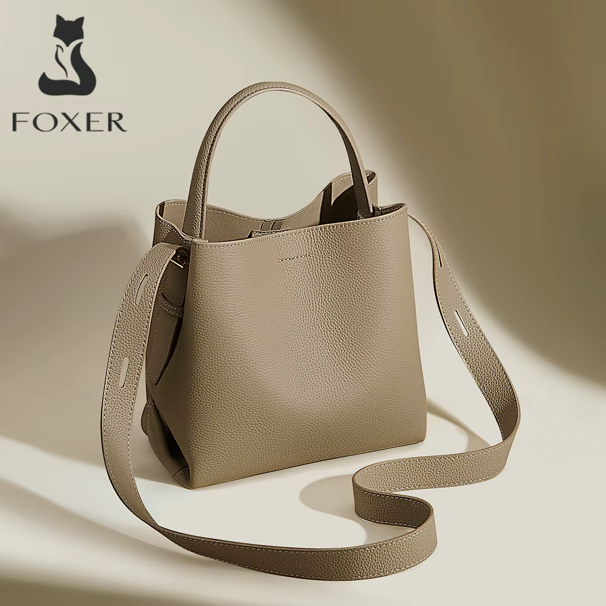 FOXER Simple en cuir véritable sac à main femmes sac à bandoulière fourre-tout sac seau grande capac
