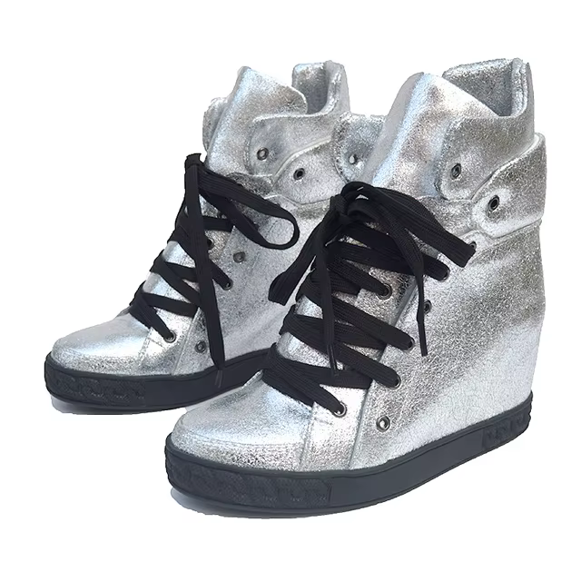 Chaussures décontractées en cuir suédé de vache noir argent femmes hauteur augmentant à lacets dames