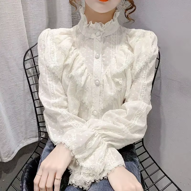 Manches longues lâche printemps mode bouton chemise blanche élégant col montant plissé hauts décontr