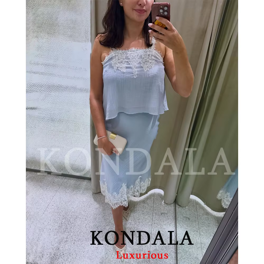 KONDALA Ensemble Jupe Chic et Sexy pour Femme, Haut Caraco en Dentelle et Jupe Longue Droite, Tendan