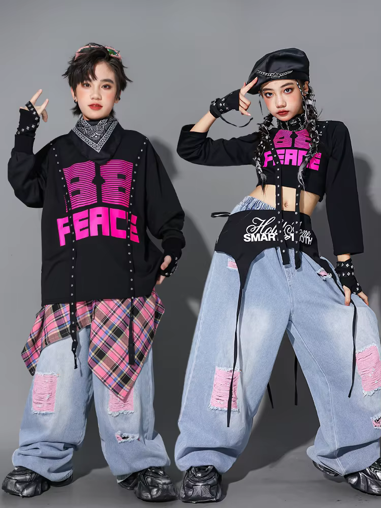 Vêtements de danse Hip Hop pour enfants, tenue de scène Kpop, haut rose noir, pantalon en Denim, Cos