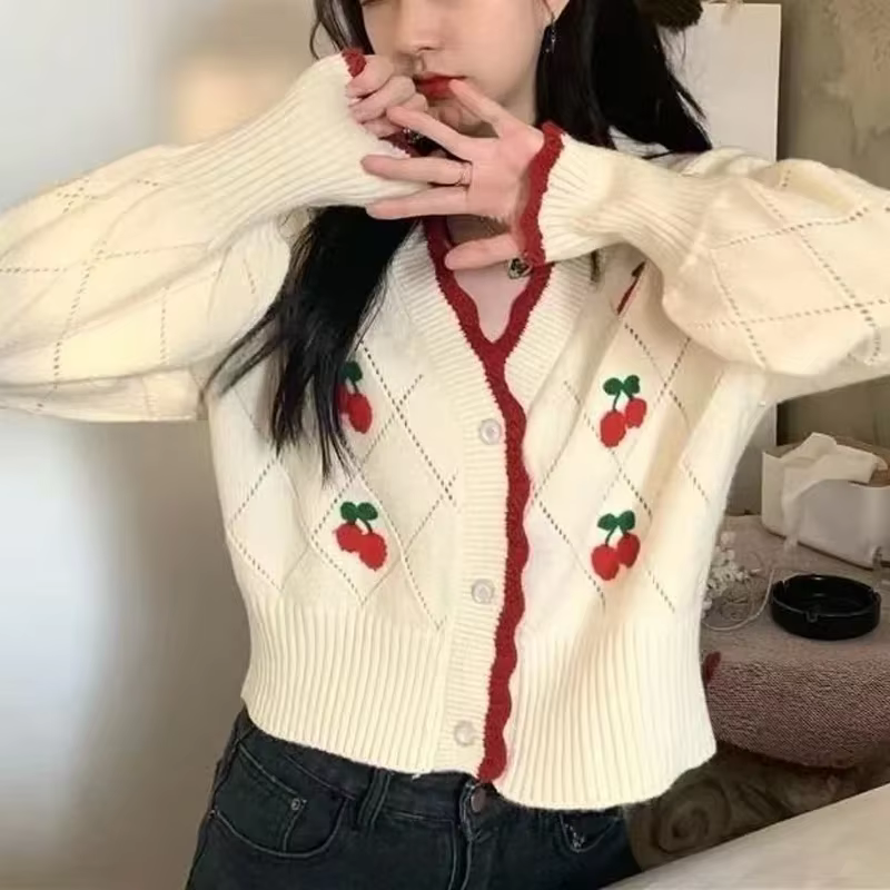 Cardigan tricoté à manches longues et col en v pour femme, haut décontracté, ample, boutons floraux,