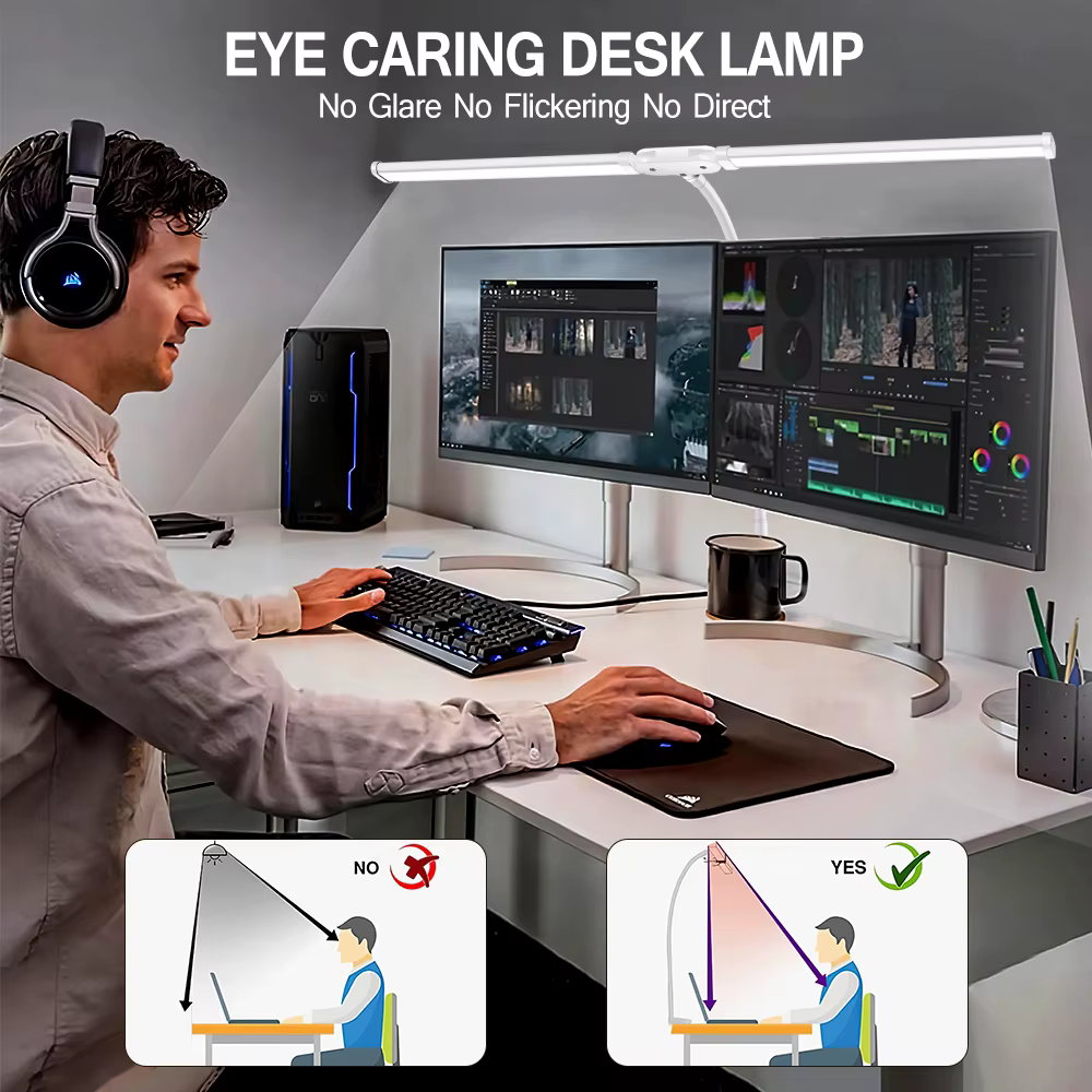 Lampe de bureau de lecture LED à Double/simple tête, bras pivotant pliable, avec Clip, poste de trav