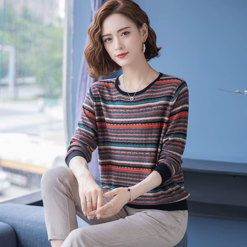 S-3XL d'âge moyen mère pull de base femmes printemps automne nouveau rayé manches longues haut col r