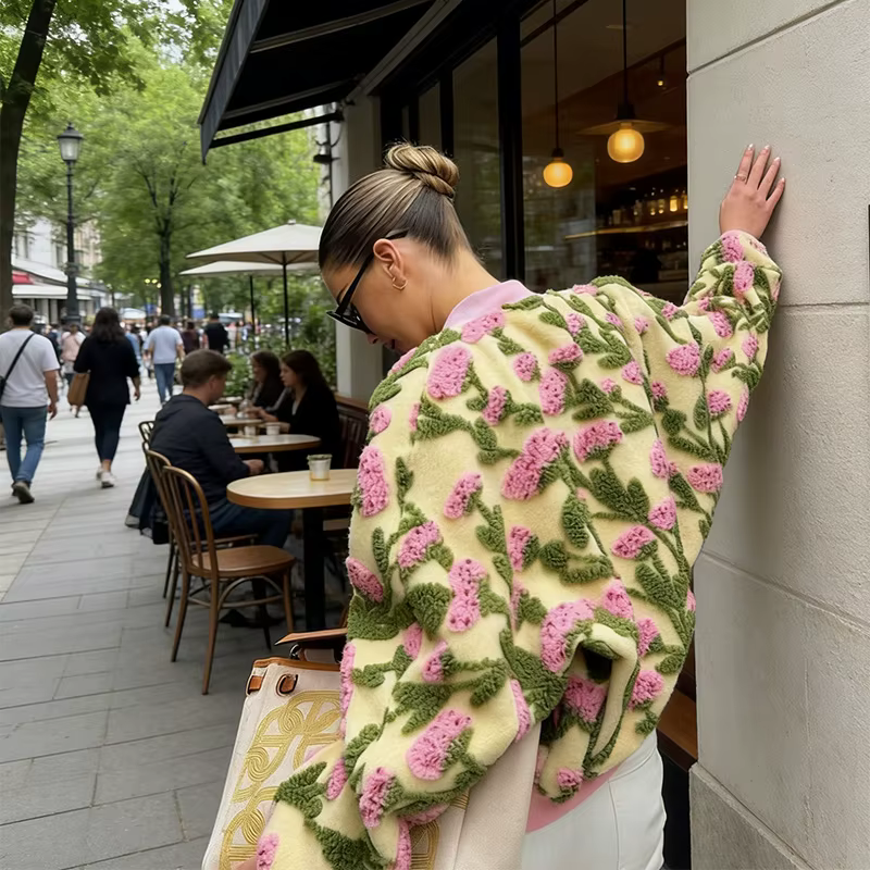 Blouson bomber chic et tendance en polaire à motif floral, zippé, décontracté, pour femme, style rét