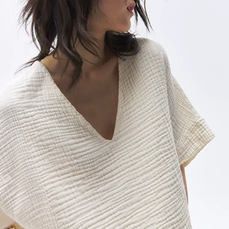 Haut en mousseline de coton chic pour femme, t-shirt sexy, col en V, manches courtes, streetwear déc