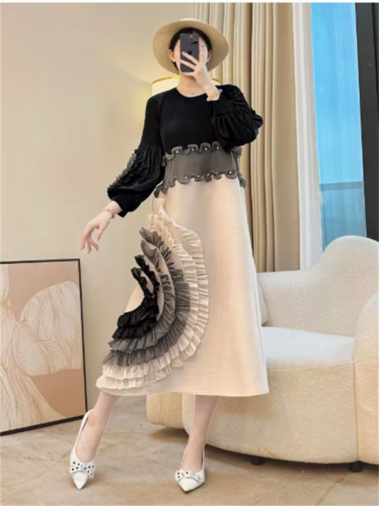 Miyake cravate fleur conception femmes robe plissée col rond à manches longues Colorblock Patchwork 