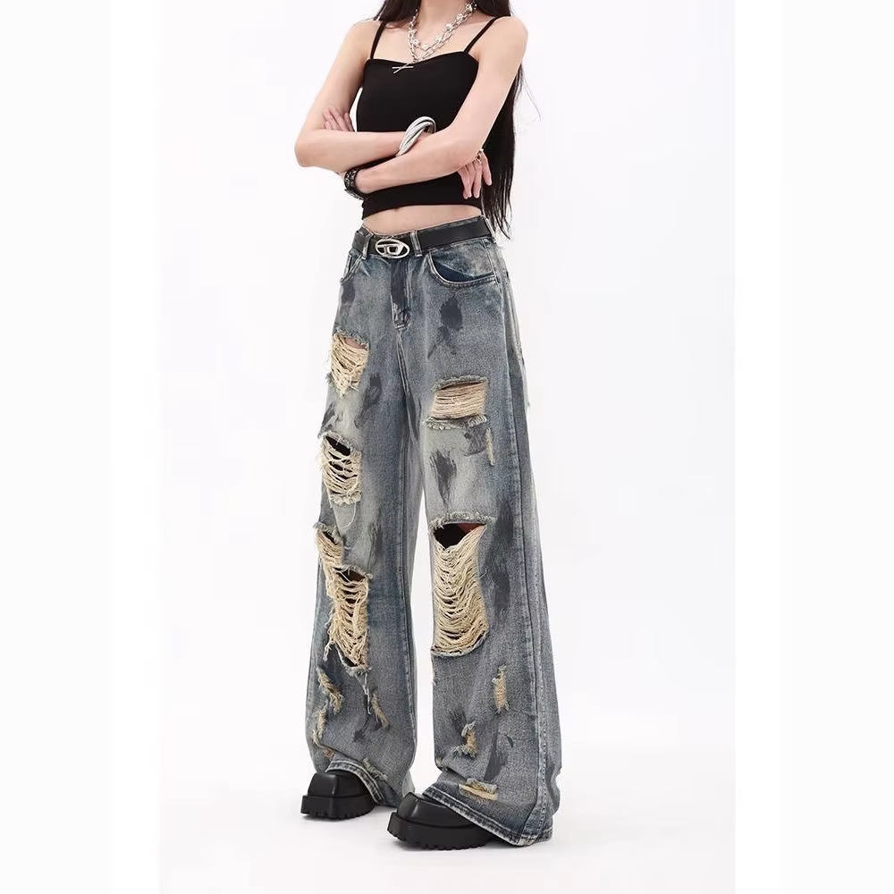 Jean ample bleu déchiré style Y2K rétro américain taille haute tendance pour hommes et femmes, coupe