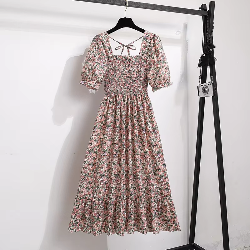 Printemps été robes en mousseline de soie mode femme taille élastique à manches courtes plissée tenu
