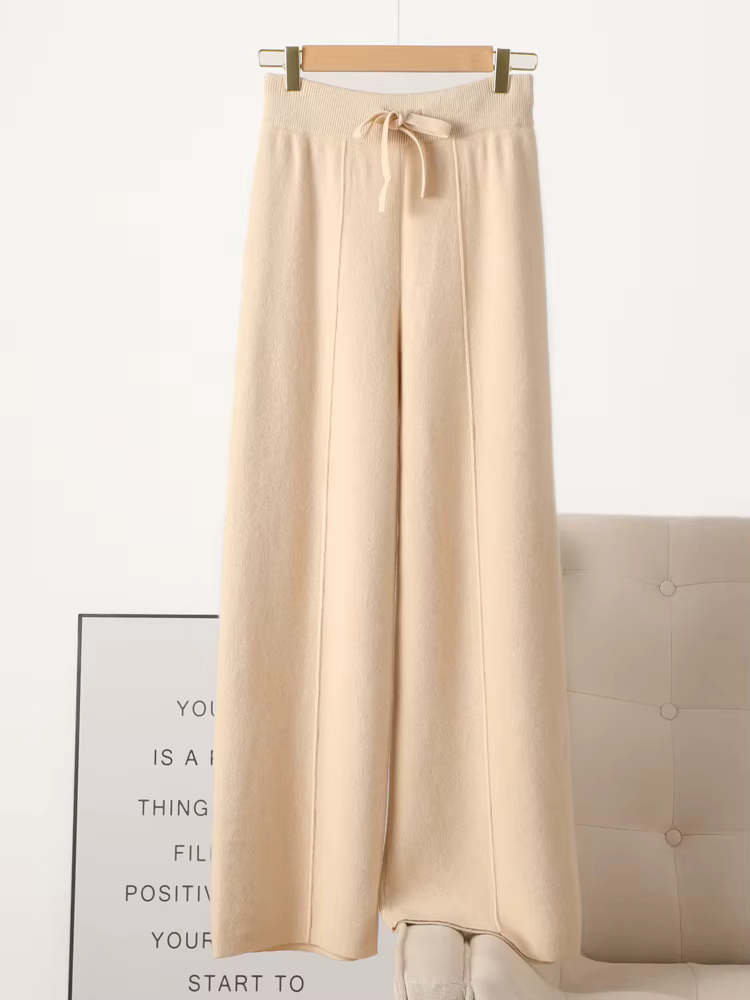 Pantalon tricoté en laine mérinos pour femme, jambes larges, basique, doux et chaud, en cachemire, d