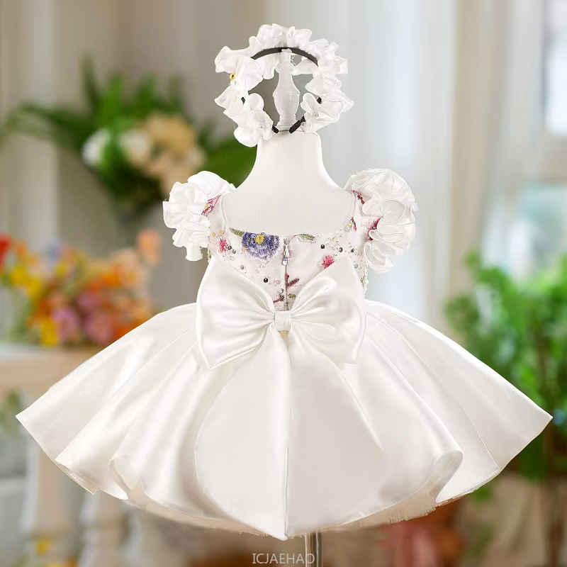 Robe de mariée en Satin blanc pour filles, tenue de princesse Tutu à manches flottantes, vêtements p