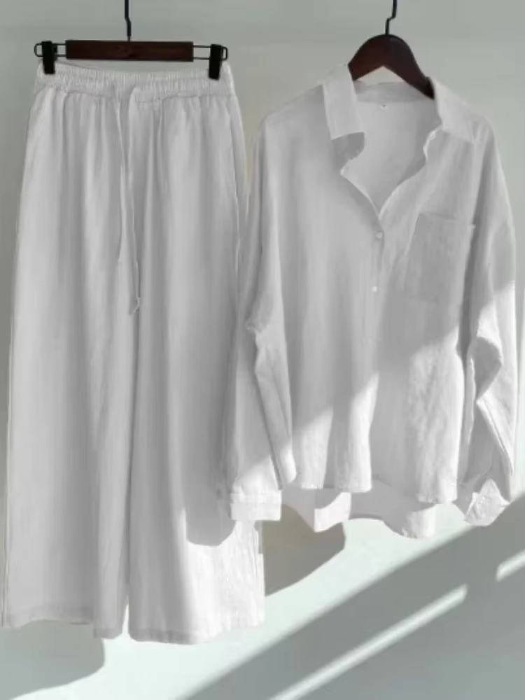 Costume chemise en coton et lin pour femmes, nouvelle tendance, taille haute, pantalon ample, ensemb