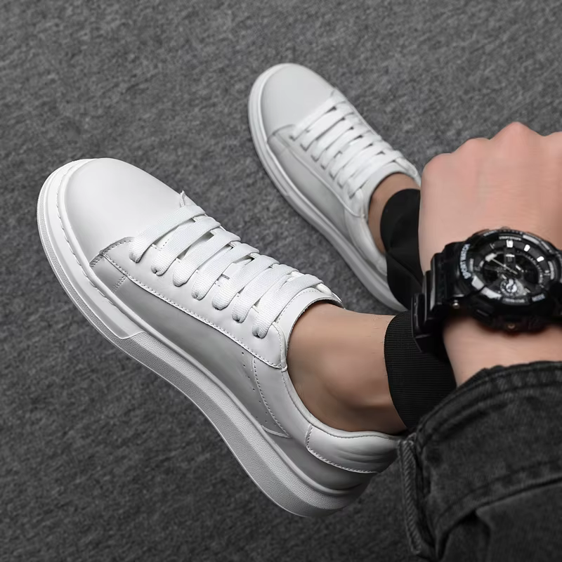Chaussures blanches en cuir de vache pour hommes, première couche, semelle épaisse, chaussures de sp