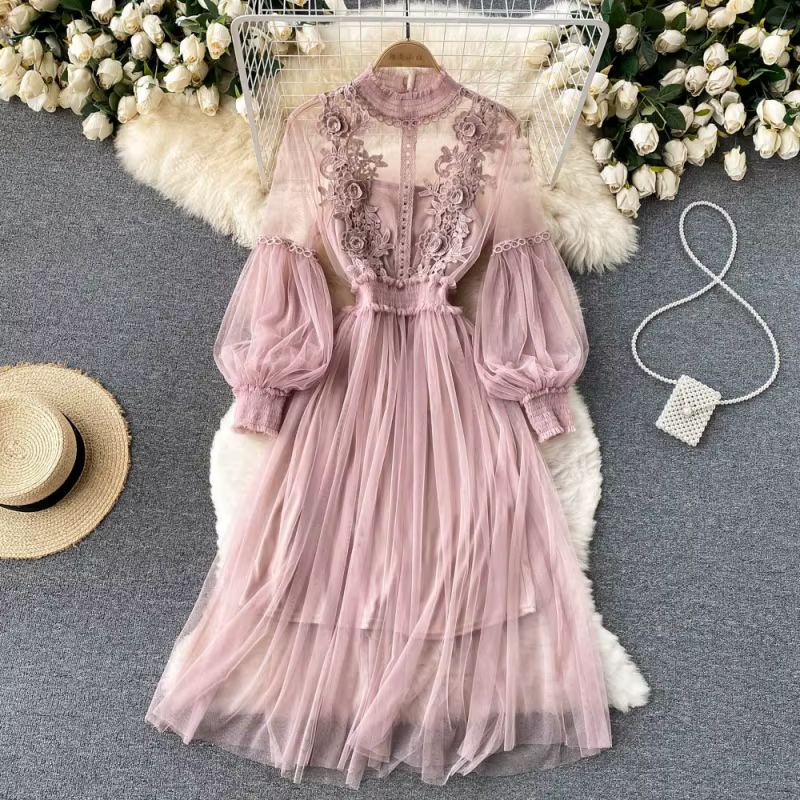 Robe longue en dentelle à fleurs et maille, manches lanternes, blanche, pour femmes, tenue de soirée