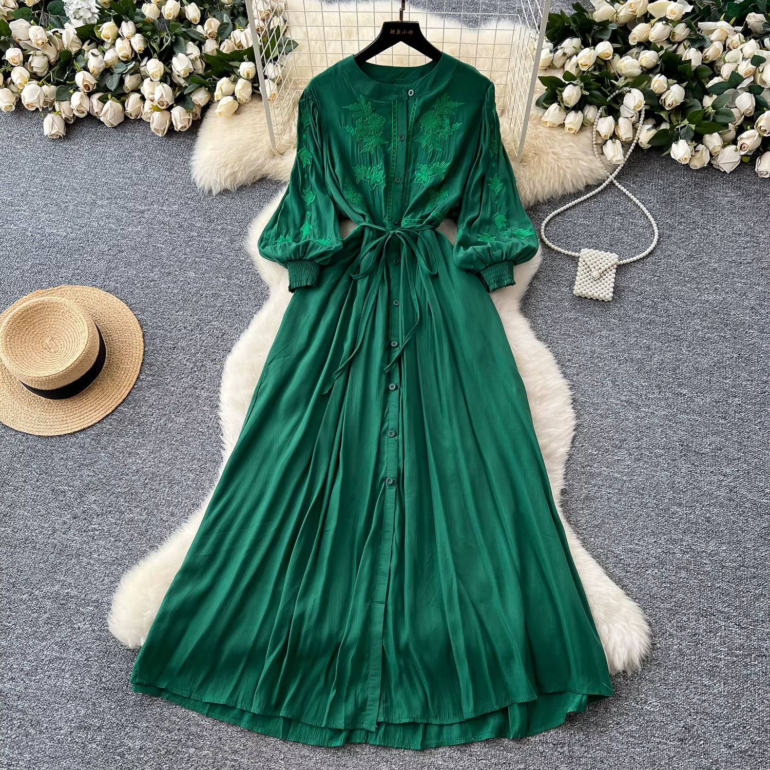 Vintage élégant brodé bouton robe a-ligne Chic décontracté plage vacances femmes robes d'été
