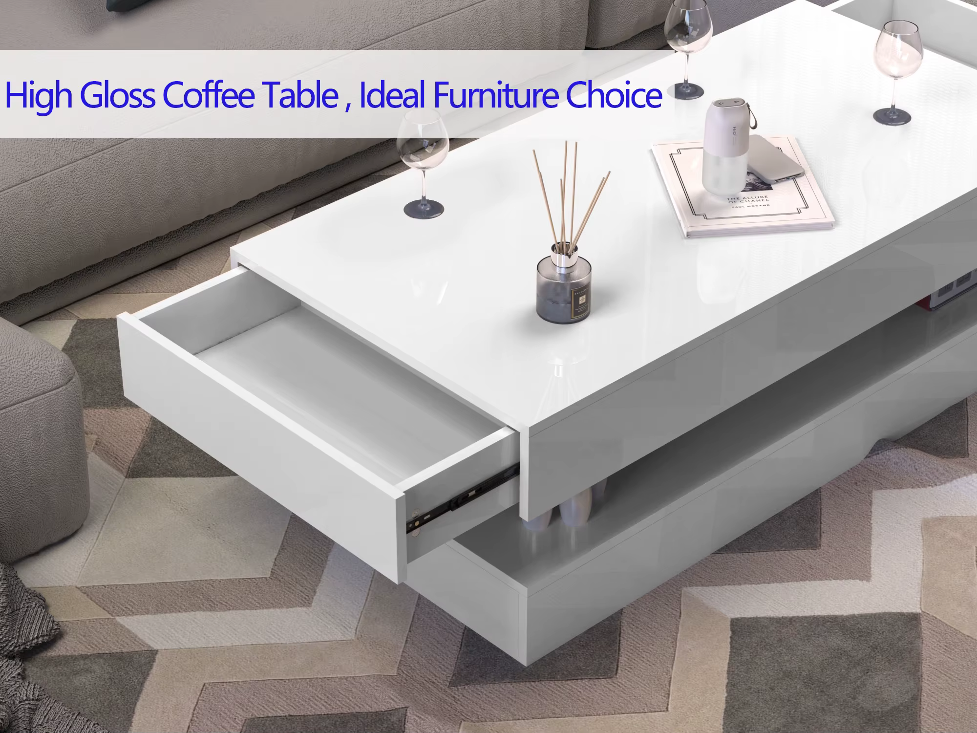 Table basse LED à haute brillance, table centrale moderne avec 2 rangements à proximité, 47,3 pouces