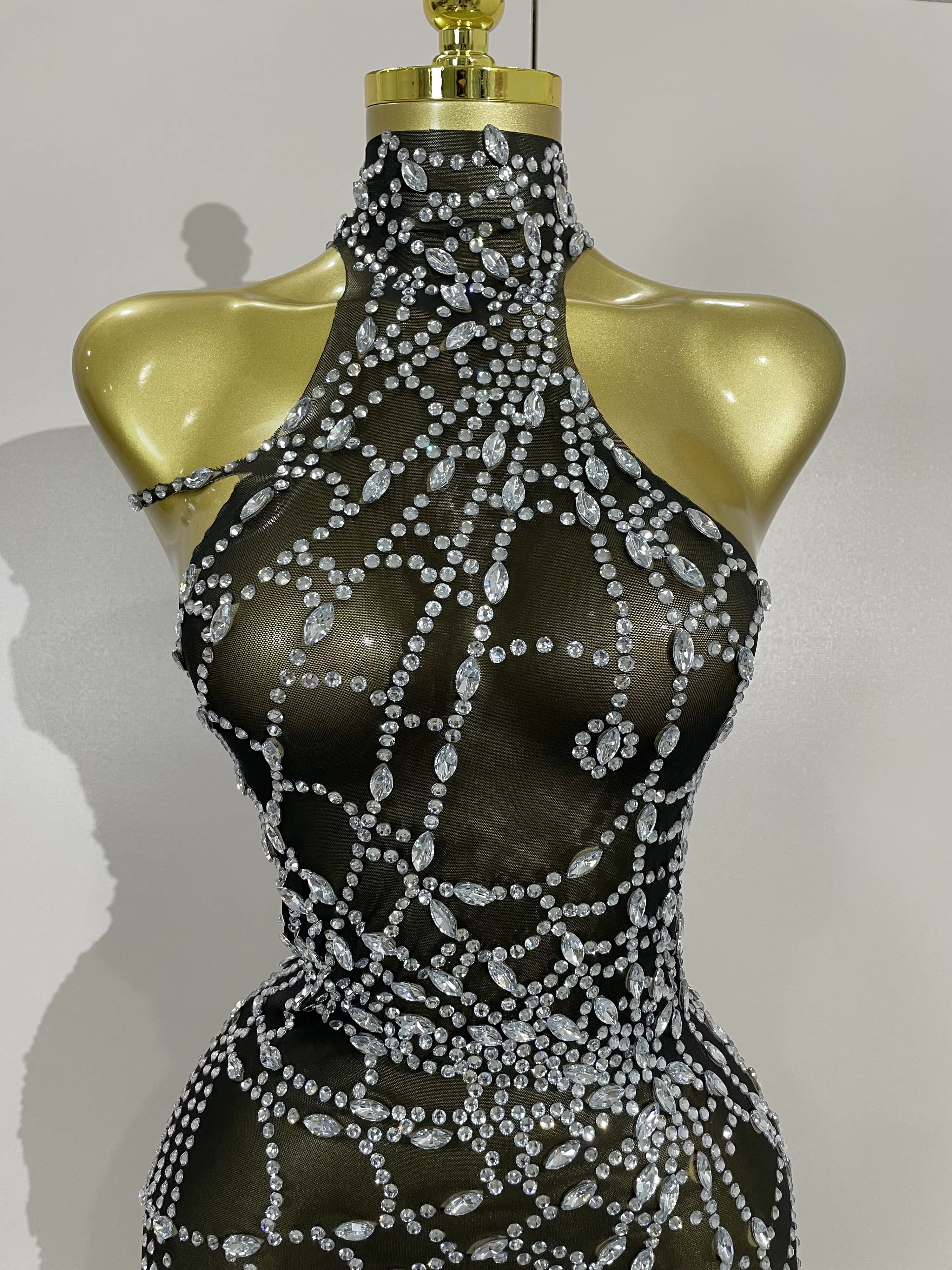 STOCK brillant diamant Sexy maille asymétrique moulante Mini robe femmes discothèque Bar fête specta