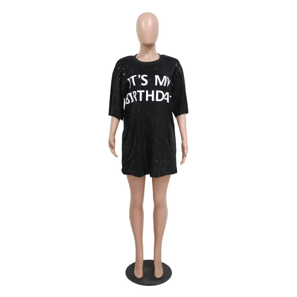 Robe noire sexy à paillettes pour femmes, demi manches, mini robes droites, soirée de printemps et d