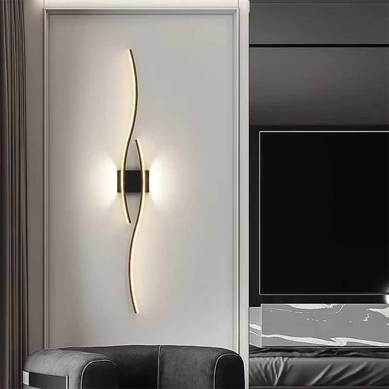Moderne LED bande applique Double courbe télécommande lumière chevet décor noir or appliques murales